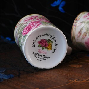Vintage Royal Bone China Mug Pair – Collector's Series Botanical Pink Roses, Stained Glass Gilt Border, Matched Set, Thailand 1990s image 8