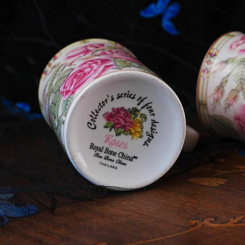 Vintage Royal Bone China Mug Pair – Collector's Series Botanical Pink Roses, Stained Glass Gilt Border, Matched Set, Thailand 1990s image 8