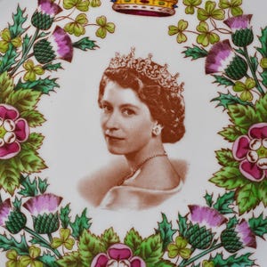 Op de afbeelding: Een wit keramieken bord met een sepia-kleurig portret van koningin Elizabeth II met een kroon en ketting. Het portret is omlijst door een kleurrijke bloemenkrans van paarse distels, roze rozen en groene klaverbladeren met een kroon.