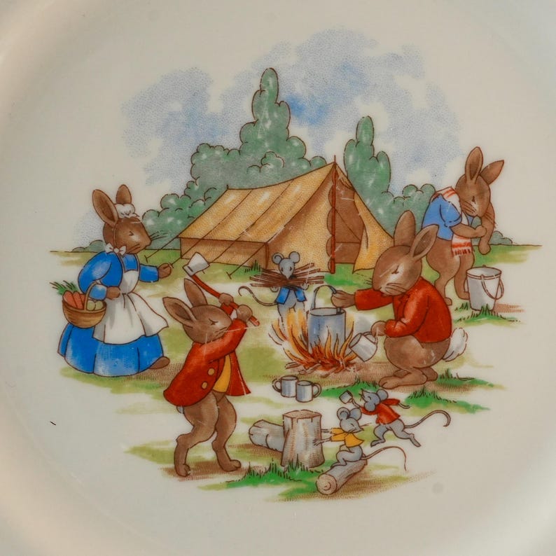 Vintage Royal Doulton Bunnykins bord met kampeertafereel – Tent, kampvuur, barbecue, rand met rennende konijnen, Engels porseleinen kinderservies uit de jaren 1960 afbeelding 2