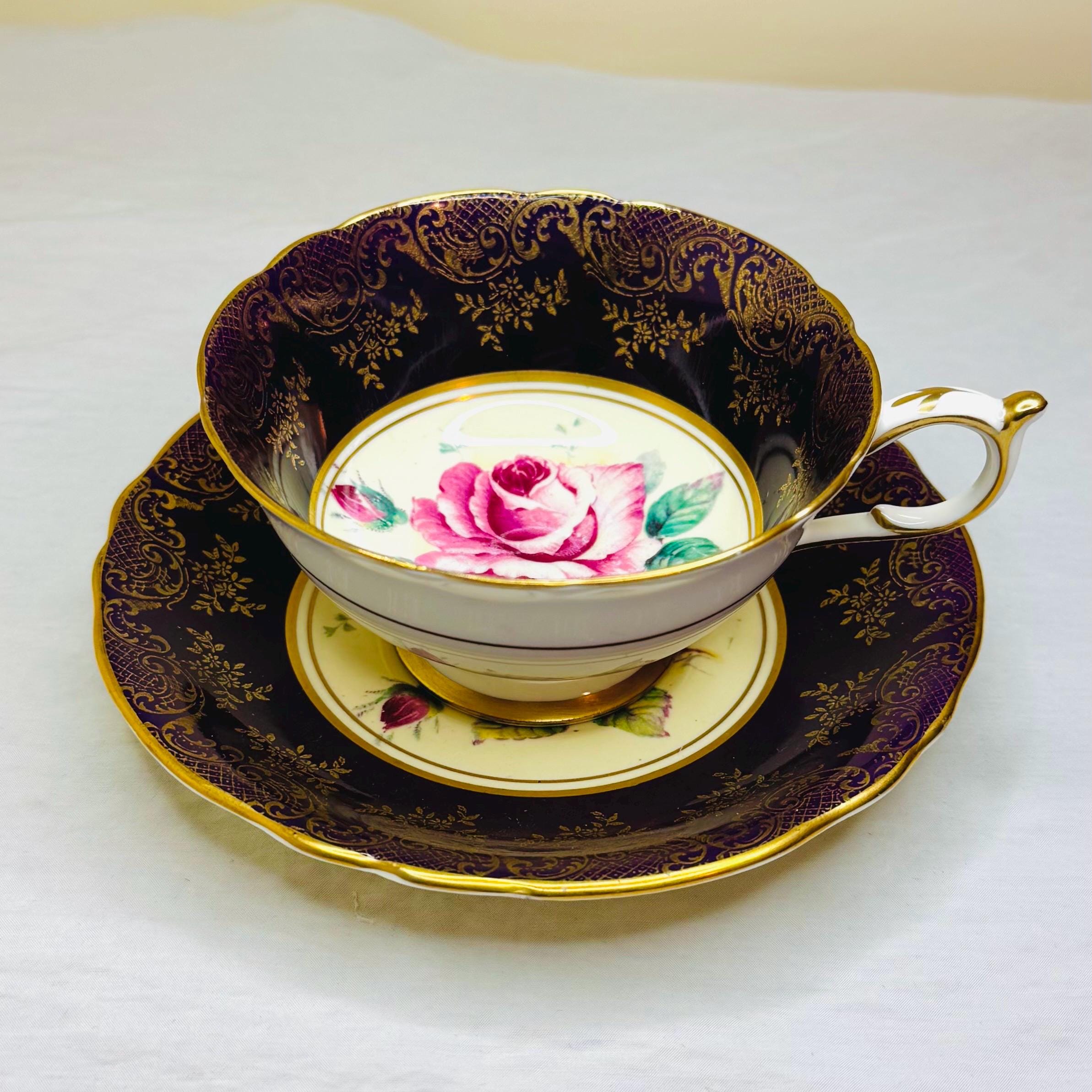 Vintage Paragon Bone China Tea Cup and Saucer – Deep Purple with Gilded Large Rose Design, Royal Double Warrant, England 1930s Collectible