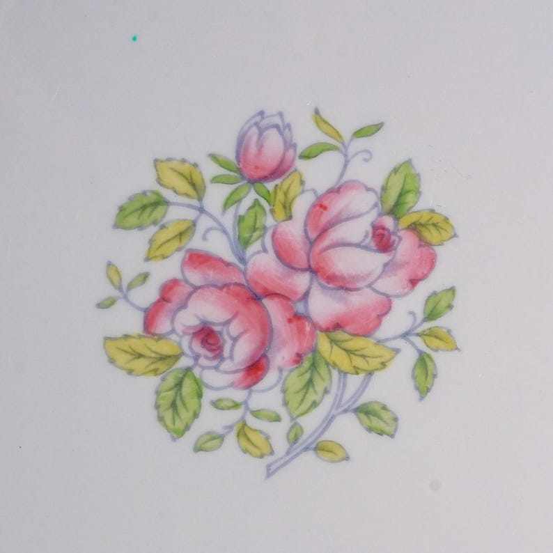 Puede incluir: Una superficie de cer&aacute;mica blanca con una ilustraci&oacute;n floral central de dos rosas rosadas en flor y un capullo cerrado, rodeados de hojas de color verde claro y tallos delgados con delicados contornos azules sobre fondo blanco.