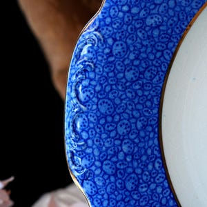 May include: Close-up of a ceramic plate with a blue patterned border and a gold rim. The blue border features a repeating pattern of small, circular designs. The plate's interior is white with a slightly cracked appearance.