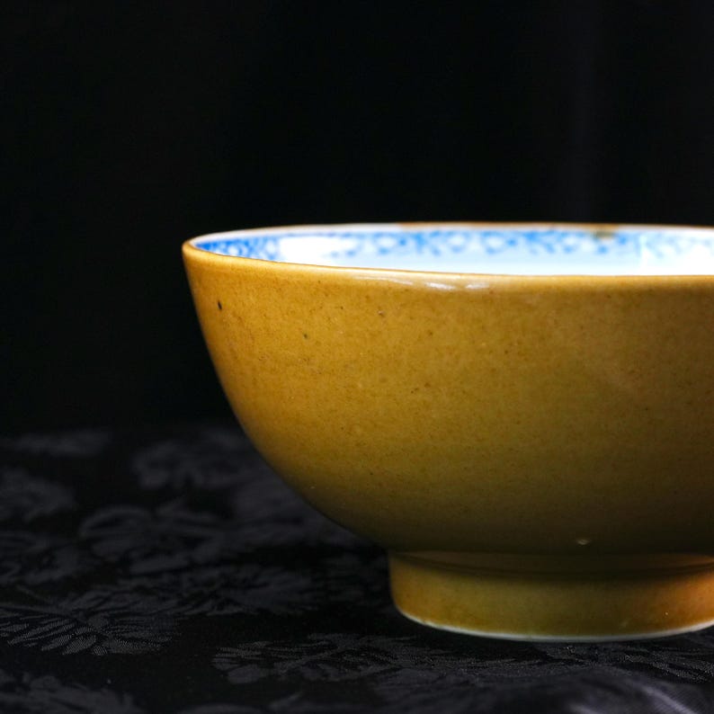 May include: A close-up of a ceramic bowl with a mustard-yellow exterior and a white interior with a blue patterned border. The bowl has a rounded shape and a small, circular base. The background is dark.