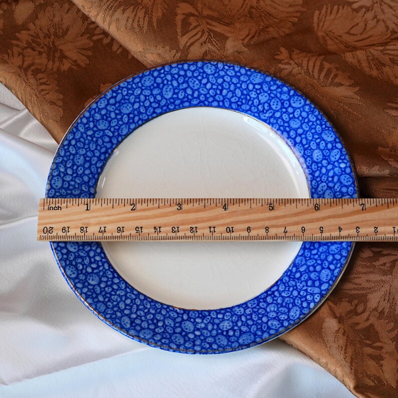 May include: A white ceramic plate with a blue patterned border. The border design features small, irregular blue shapes. A wooden ruler is placed across the plate, measuring approximately 8 inches in diameter.
