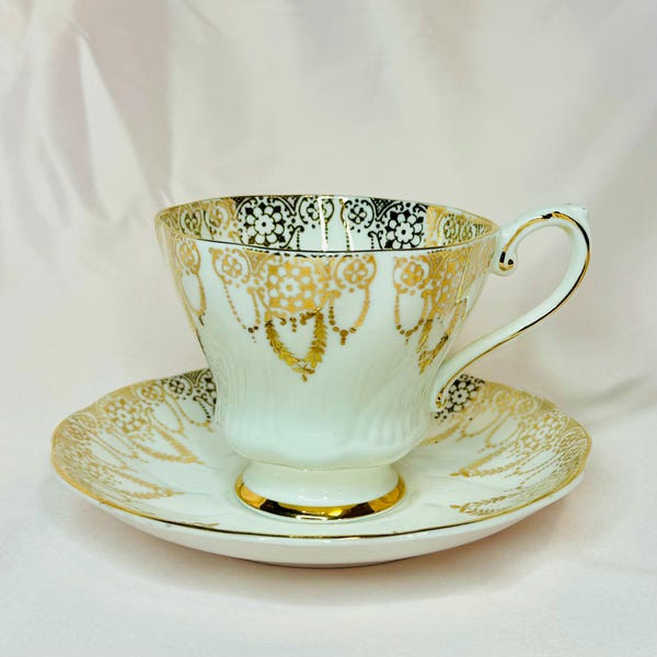 Vintage Royal Grafton Fine Bone China Teacup and Saucer Set - Elegant Gilded Floral Lace Design, Made in England, 1950s
