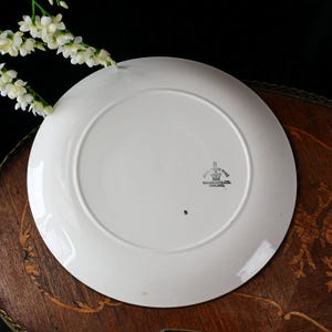 May include: A white ceramic plate with a wide rim, viewed from the underside. The plate has a stamp that reads "Royal Tudor Ware, Barker Bros Ltd, England." A small number "5" is visible. White flowers are in the upper left corner.