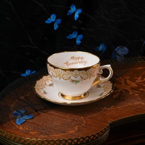 Vintage Tuscan Happy Anniversary Teacup Saucer – Gold Script Inside Cup, Gilt Lace Border, Hand Painted Flowers, Bone China England 1950s