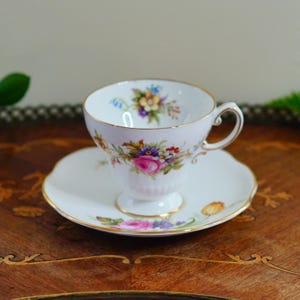 Vintage EB Foley Bone China Teacup & Saucer Set, Floral Transferware, Gold Trim Fluted Cup, English China 1950s Tea Party Gift, Collectible