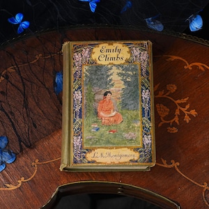 Puede incluir: Un libro de tapa dura vintage titulado Emily Climbs de L.M. Montgomery. La portada presenta una ilustraci&oacute;n central de una persona con un vestido rojo sentada en una zona de hierba rodeada de &aacute;rboles, enmarcada por un borde decorativo de flores moradas y oro.
