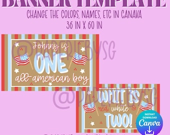 Kraft Banner Template - July 4th Boy Birthday - One All American Birthday - Red White and Two - Banner Template
