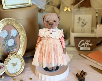Collectible Handmade Viscose Teddy Bear: Artist Doll in Vintage Dress