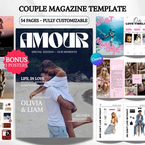 Pode incluir: Um modelo de revista intitulado "Couple Magazine Template" com o texto "Amour" e "Olivia & Liam". O modelo inclui 54 páginas e é totalmente personalizável. Cartazes de bónus estão incluídos. A revista apresenta fotos e texto.
