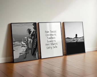 Surf Wall Art Set of 3 - Beach Vibes Printable Posters – Black & White - Coastal Surf Decor – Instant Download