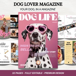 Könnte beinhalten: Eine personalisierte Magazinvorlage mit dem Titel DOG LIFE, die einen Dalmatiner mit einer rosa herzförmigen Sonnenbrille und einem lavendelfarbenen Halsband mit rundem Anhänger zeigt. Das Cover enthält den Text INSIDE THE LIFE OF BELLA.