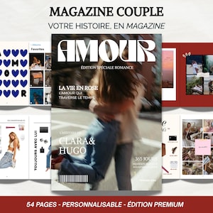 以下が含まれることがあります： AMOURというタイトルのパーソナライズされた雑誌で、カップルのぼやけた表紙写真と、EDITION SPECIALE ROMANCE、LA VIE EN ROSE、CLARA & HUGOなどのテキストが記載されています。レイアウトには、写真コラージュ、青いハートのパターン、テキストが配置された内部ページが含まれています。