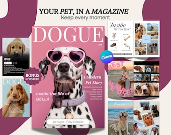 Modello di rivista per cani personalizzabile su Canva – A4 e US Letter – Regalo per animali domestici + 2 poster multiformato bonus