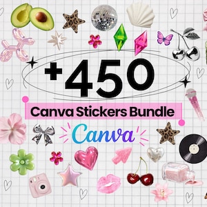 May include: A digital sticker collection featuring over 450 elements on a grid background. Icons include an avocado, disco ball, seashell, pink bow, cherries, hearts, stars, flowers, a vinyl record, a camera, and the text +450 Canva Stickers Bundle.