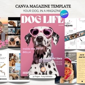 Pode incluir: Um modelo de revista digital Canva intitulado DOG LIFE apresentando um dálmata usando óculos de sol rosa em formato de coração e uma coleira roxa com uma etiqueta. O layout inclui várias páginas com colagens de fotos e seções de texto.