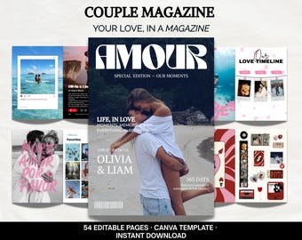 Puede incluir: Una plantilla de revista digital titulada COUPLE MAGAZINE con 54 páginas editables. La portada muestra el texto AMOUR, SPECIAL EDITION, OUR MOMENTS, LIFE, IN LOVE, THE STORY OF US, OLIVIA & LIAM y 365 DAYS con una foto de una pareja.
