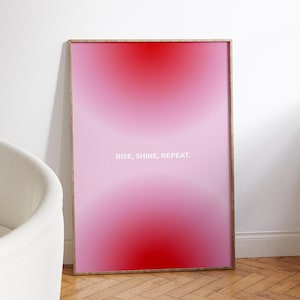 Affiche Digitale Rise Shine Repeat, Poster Dégradé Rose Rouge, Art Murale Motivation, Impression Typographie, Décoration Inspirante