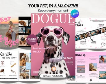 Modello di rivista personalizzabile per cani (modello Canvas) – Formato A4 – Regalo per animali domestici – Compleanno + 2 poster bonus