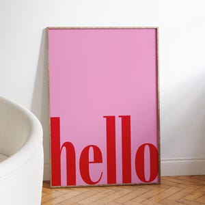 Affiche "Hello" à Imprimer - Art Mural Minimaliste Rose et Rouge - Décoration Murale Moderne - Téléchargement Instantané