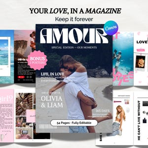 Peut inclure: Une couverture de magazine intitulée "AMOUR" avec le texte "SPECIAL EDITION - OUR MOMENTS." La couverture présente un couple sur une plage. D'autres pages affichent des photos et du texte, avec le texte "YOUR LOVE, IN A MAGAZINE Keep it forever."