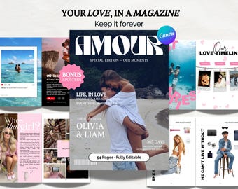 Modèle de Magazine Couple personnalisé Premium – Template Canva - Cadeau pour Couples original - Anniversaire  + 3 Affiches bonus