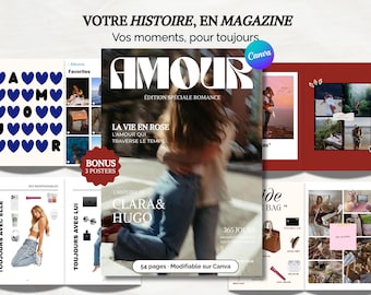 Modèle de Magazine personnalisé Couple Canva Premium – Template français – Cadeau original Couples - Anniversaire + 3 Affiches Incluses