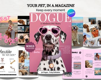 Anpassbare Hundemagazin-Vorlage auf Canva – A4 & US Letter – Geschenkidee für Haustiere + 2 Bonus-Poster in verschiedenen Formaten