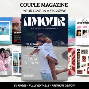 以下が含まれることがあります： AMOURというタイトルのカスタム雑誌テンプレート。ビーチにいるカップルの表紙と、フォトコラージュ、ラブタイムライン、フィルムストリップなどの様々なページレイアウトが含まれています。テキストにはLIFE, IN LOVE, OLIVIA & LIAM, 365 DAYSと記載されています。