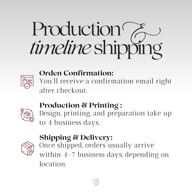 May include: An informational graphic with black text on a white background titled Production & timeline shipping. It lists three sections: Orden Confirmation, Production & Printing, and Shipping & Delivery, each accompanied by a small red icon.