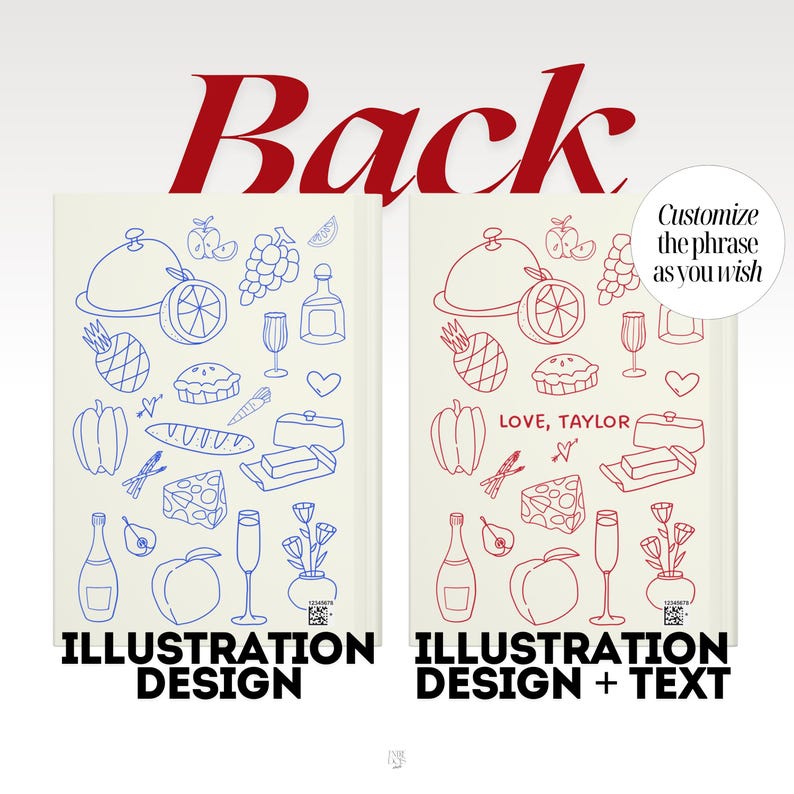 May include: Two rectangular cards featuring food and drink line art illustrations. The left card has blue outlines, while the right card has red outlines and includes the text LOVE, TAYLOR. A circular white label reads Customize the phrase as you wish.