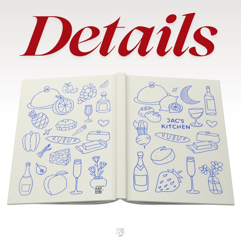 May include: An open book with a cream-colored cover featuring blue line art illustrations of food, drinks, and flowers. The text "Details" appears in large red font above the book, and "JAC'S KITCHEN" is printed in blue on the right cover.