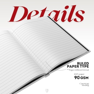 May include: An open notebook with white ruled pages featuring casewrap binding. The text Details is at the top. Additional text includes Ruled paper type, Pages without format, 100% paper, 90 GSM, and Casewrap binding. The notebook has a black spine.
