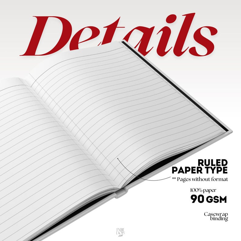 May include: An open notebook with white ruled pages featuring casewrap binding. The text Details is at the top. Additional text includes Ruled paper type, Pages without format, 100% paper, 90 GSM, and Casewrap binding. The notebook has a black spine.