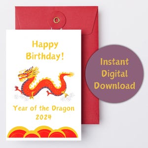 Joyeux anniversaire nouvel an lunaire du dragon 2024 carte 5 x 7 téléchargement imprimable or rouge asiatique nouvel an chinois dragon zodiaque Culture ethnique