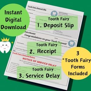 Recibo de depósito da fada do dente Carta de atraso Desculpas Esqueceu Download digital Dentes perdidos para impressão Nota de travesseiro Dentista Placa oficial