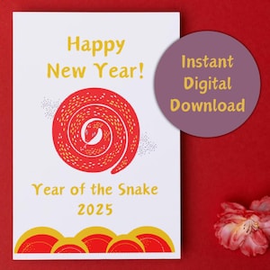 Ano Novo Lunar Chinês da Cobra 2025 5x7 Cartão Digital para Impressão Instantânea Download 7x5 Asiático Vermelho Ouro Ano Novo Chinês da Cobra Zodíaco