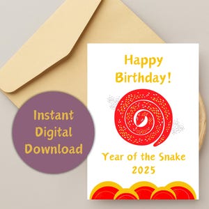Carte 5 x 7 Joyeux anniversaire Nouvel an lunaire du serpent 2025 imprimable Télécharger le PDF Nouvel an chinois or rouge asiatique Serpent Zodiaque Culture ethnique