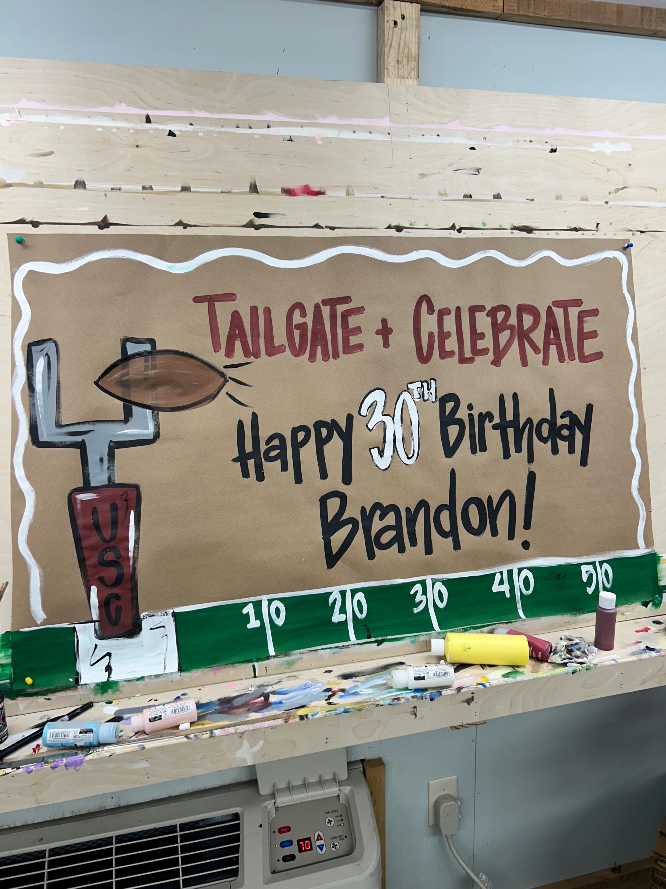 Football themed 30th birthday banner; hand painted