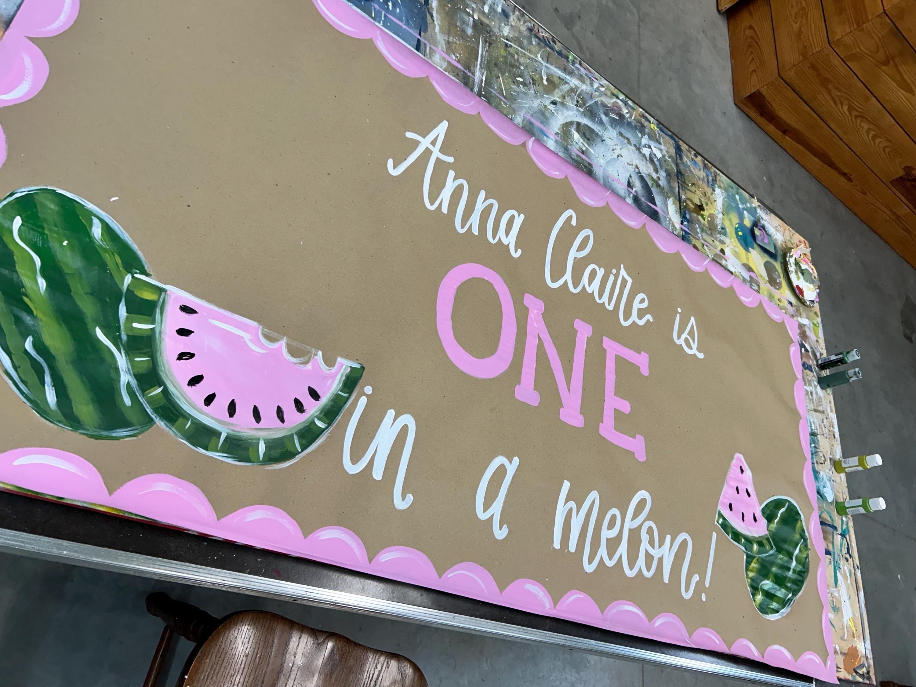 Girls first Birthday; one in a melon Birthday Party Hand Painter Banner