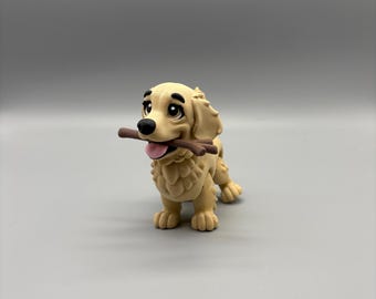 3D Printed Golden Retriever with Stick Toy and Figurine