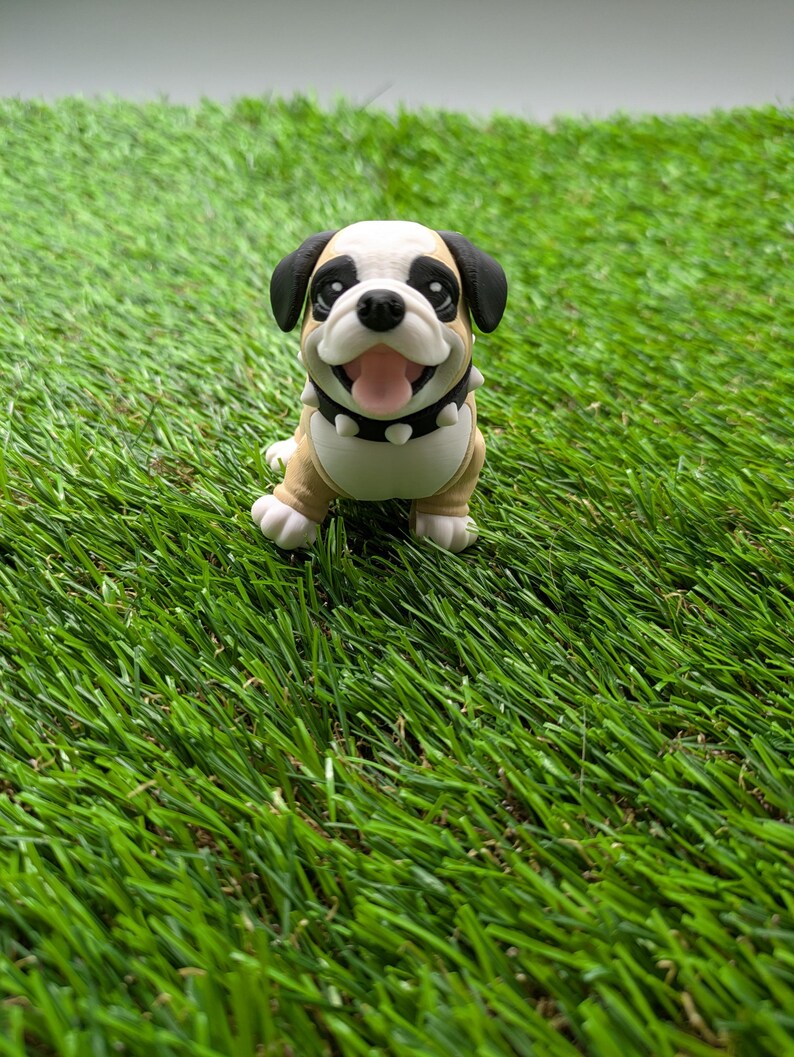 Op de afbeelding: Een klein, bruin en wit beeldje van een bulldog puppy met zwarte oren en neus. De puppy draagt een zwarte gespikkeld halsband en heeft een gelukkige uitdrukking op zijn gezicht. Het beeldje staat op een groene kunstgras ondergrond.
