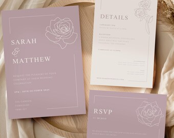 May include: A set of three dusty rose wedding invitation cards with a simple line drawing of a rose on each card. The text on the cards reads "Sarah & Matthew" and "RSVP".