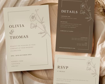Op de afbeelding: Een huwelijksuitnodigingsset met een minimalistisch ontwerp met een bloemenmotief. De uitnodigingskaart is beige met bruine tekst en bevat de namen Olivia & Thomas, de datum en tijd van de bruiloft en de locatie. De detailkaart is bruin met witte tekst en bevat informatie over de ceremonie, de receptie en het vertrek van de koetsen. De RSVP-kaart is beige met bruine tekst en bevat de RSVP-deadline.