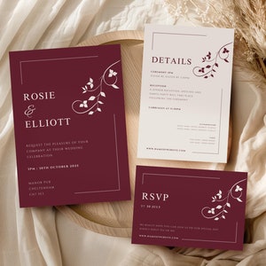 Burgundy Wedding Invitation Template - Editable Canva Invitation - Wine Red Wedding Invite Set Classic Invitation Burgundy Template Set
