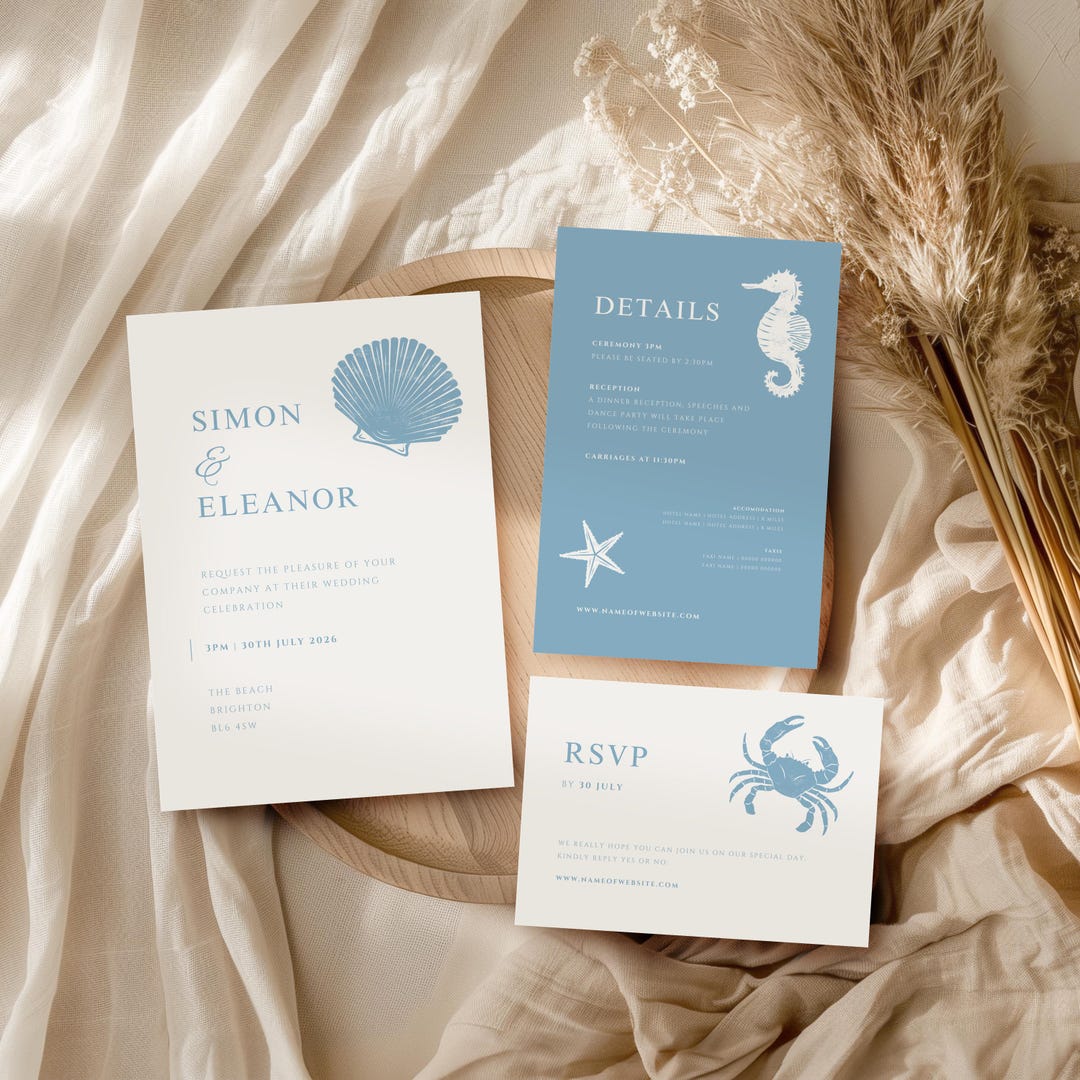 Beach Wedding Invitation Template: Blue Shell Art, Editable Canva ...