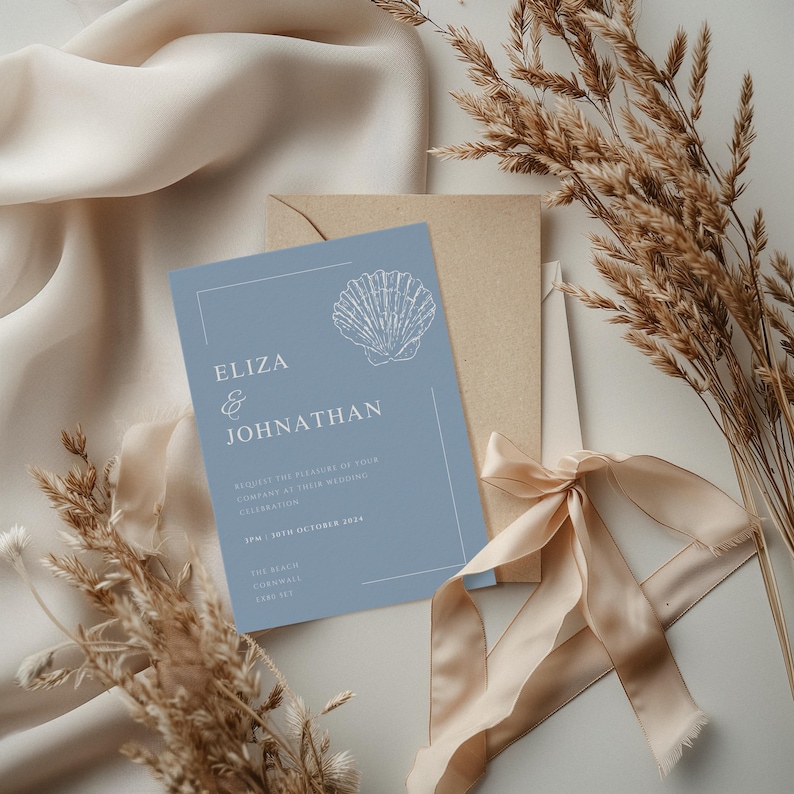 Coastal Wedding Invitation: Blue Shell Art, Editable Canva Template ...